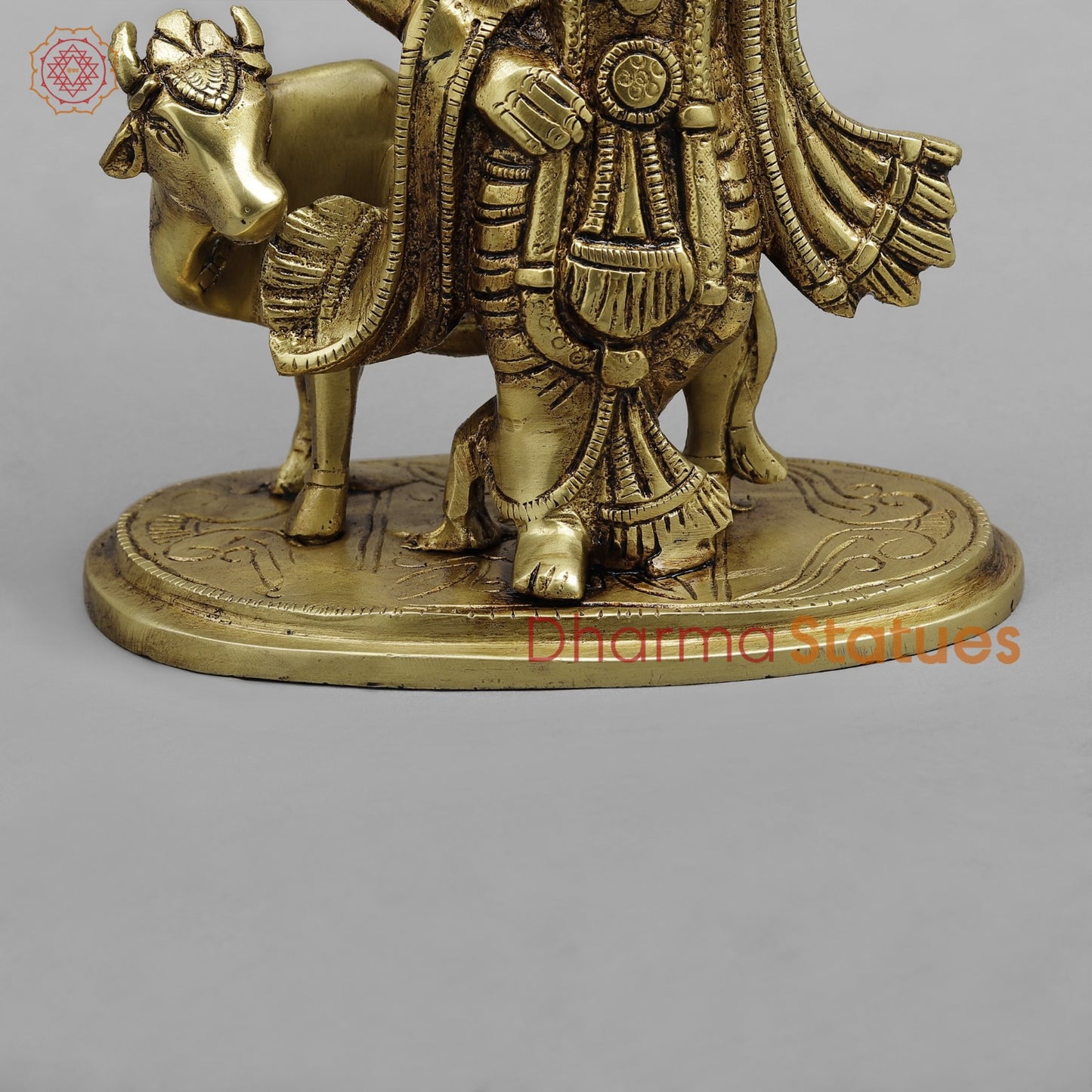 Brass Krishna Lifting Govardhan Parvat, Smooth finish 10”