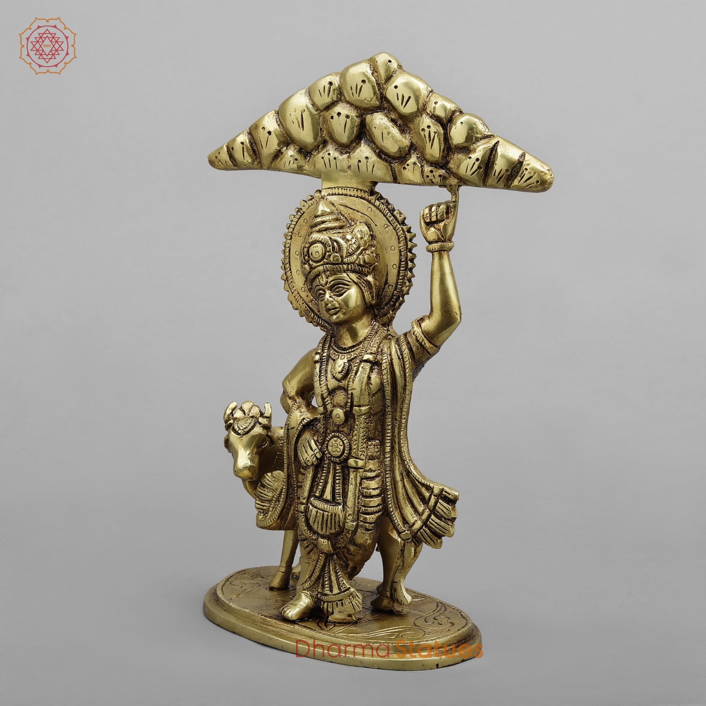 Brass Krishna Lifting Govardhan Parvat, Smooth finish 10”