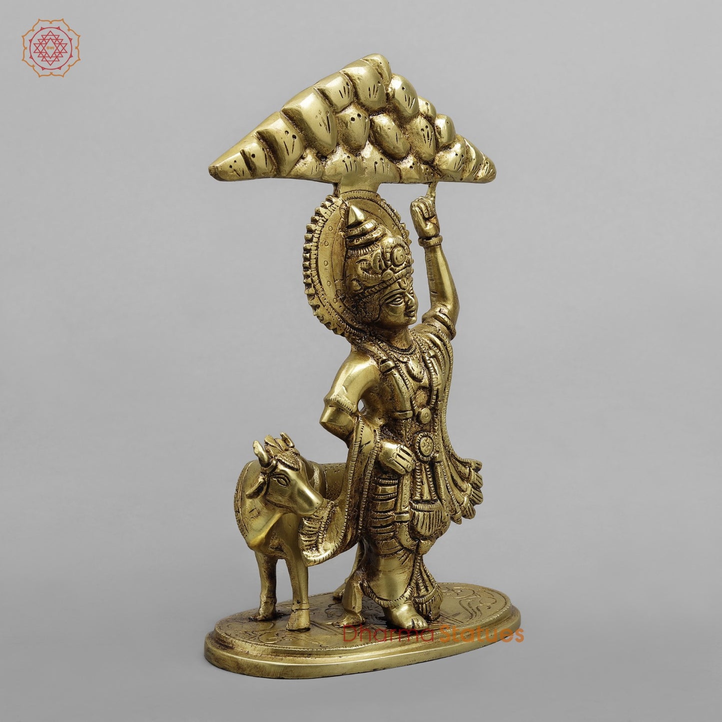 Brass Krishna Lifting Govardhan Parvat, Smooth finish 10”