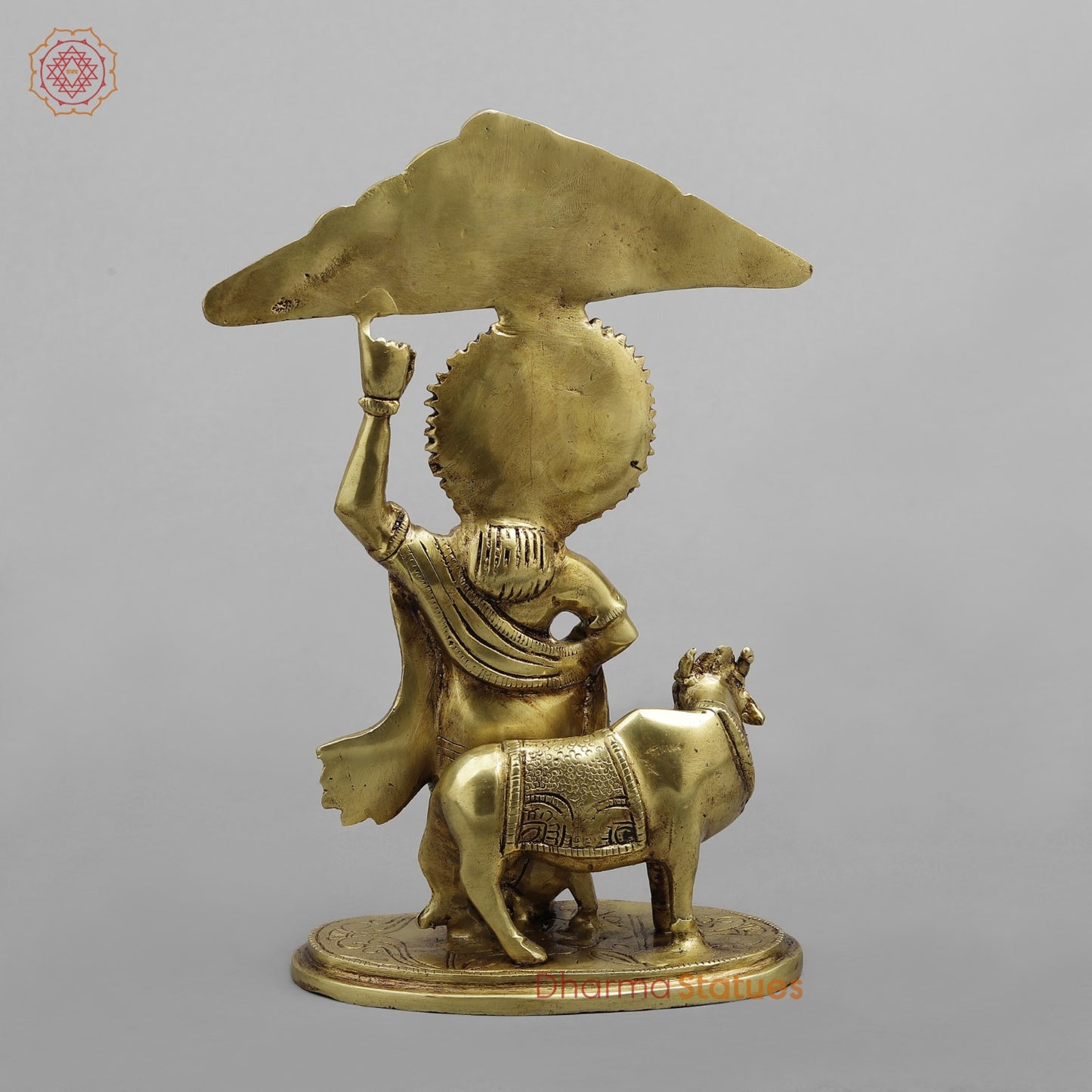 Brass Krishna Lifting Govardhan Parvat, Smooth finish 10”