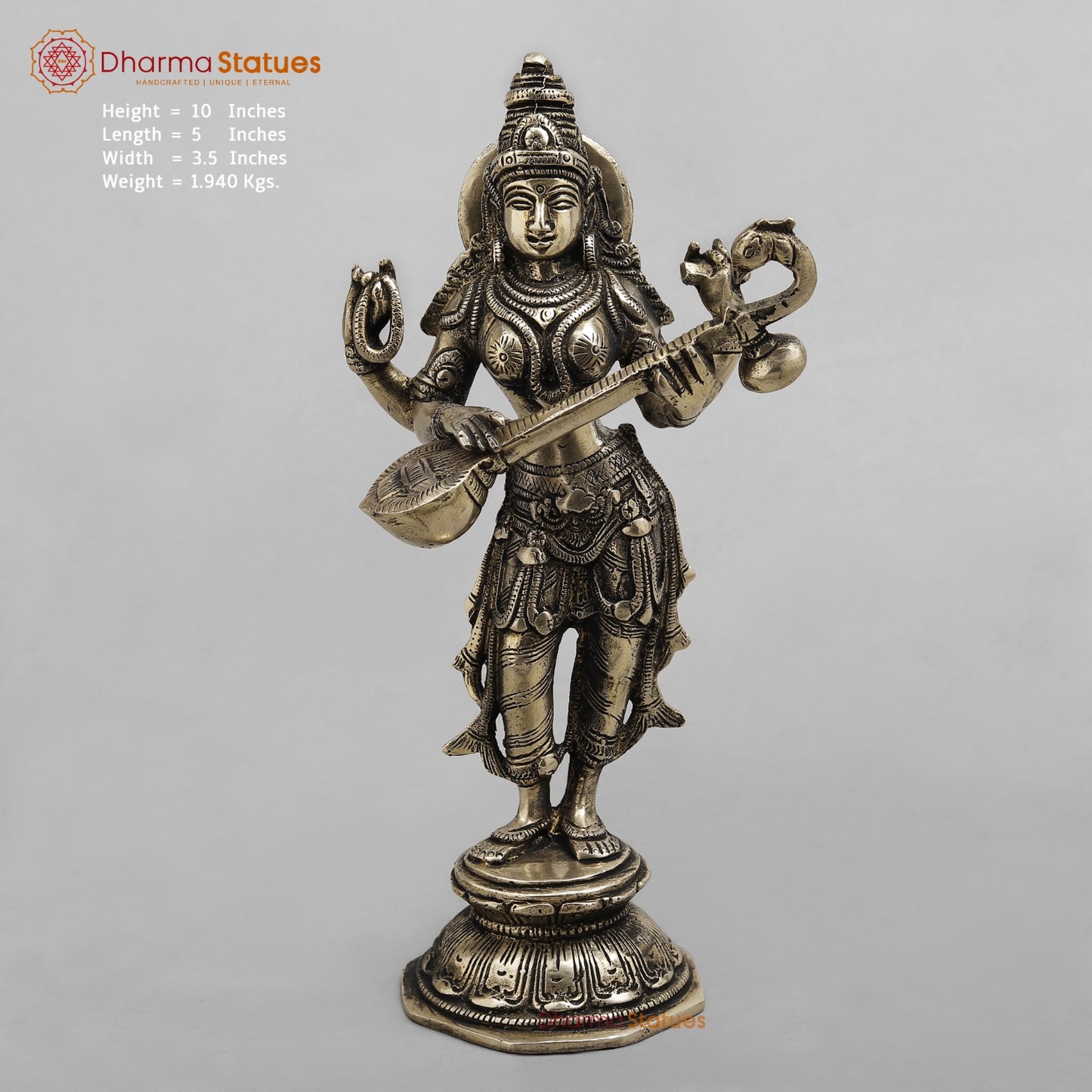 Brass Saraswati standing, Smooth finish 10”