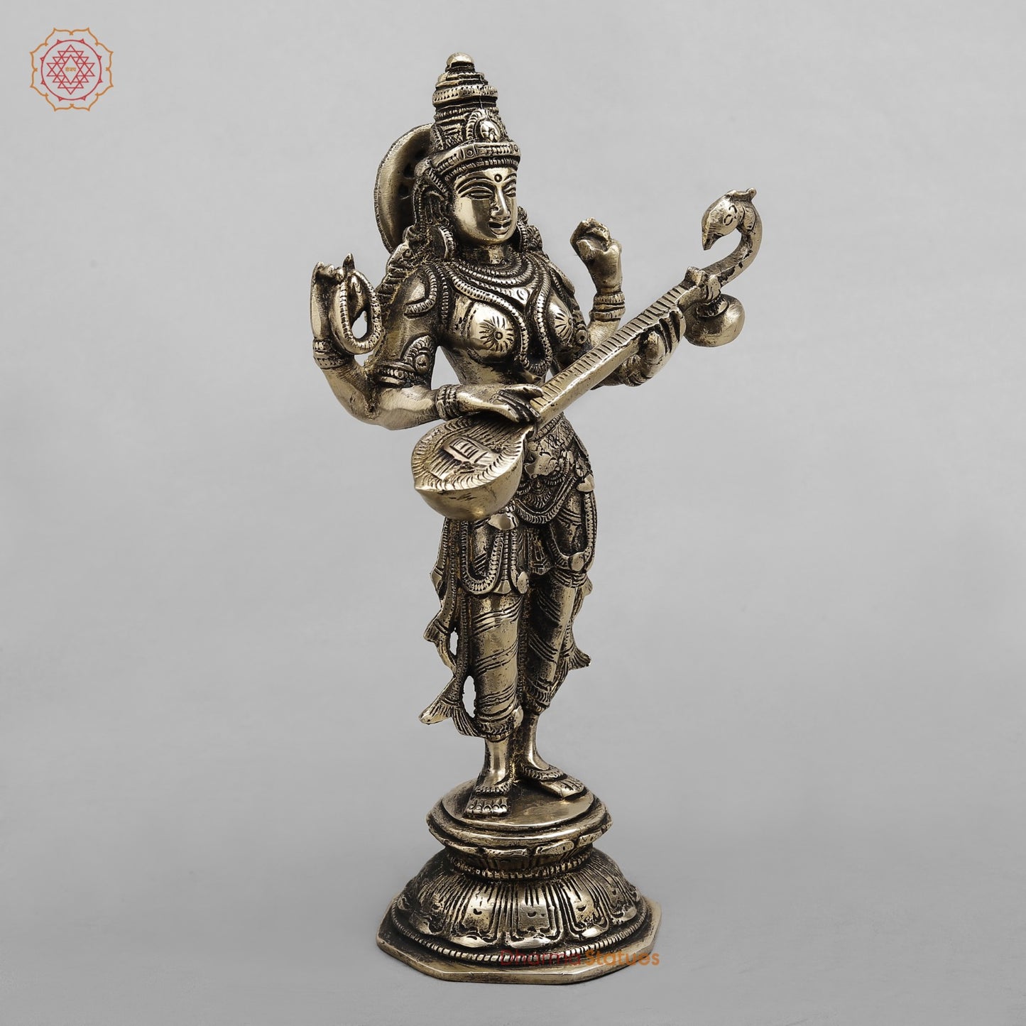 Brass Saraswati standing, Smooth finish 10”