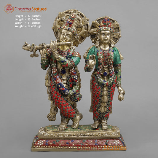 Brass Radha krishna , Fine stone work 17”