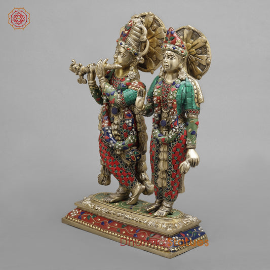 Brass Radha krishna , Fine stone work 17”