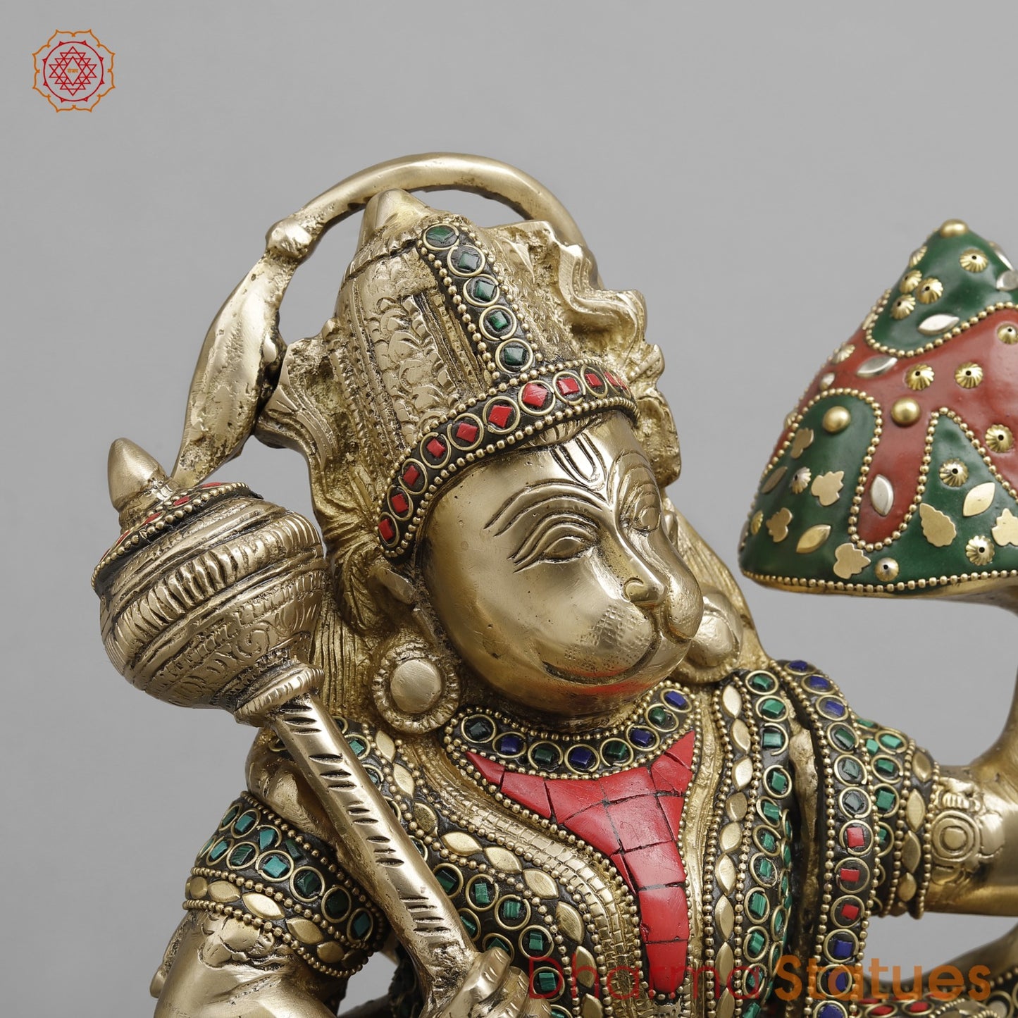 Brass Hanuman ji Standing Lifting mountain, Fine stone Work 15”