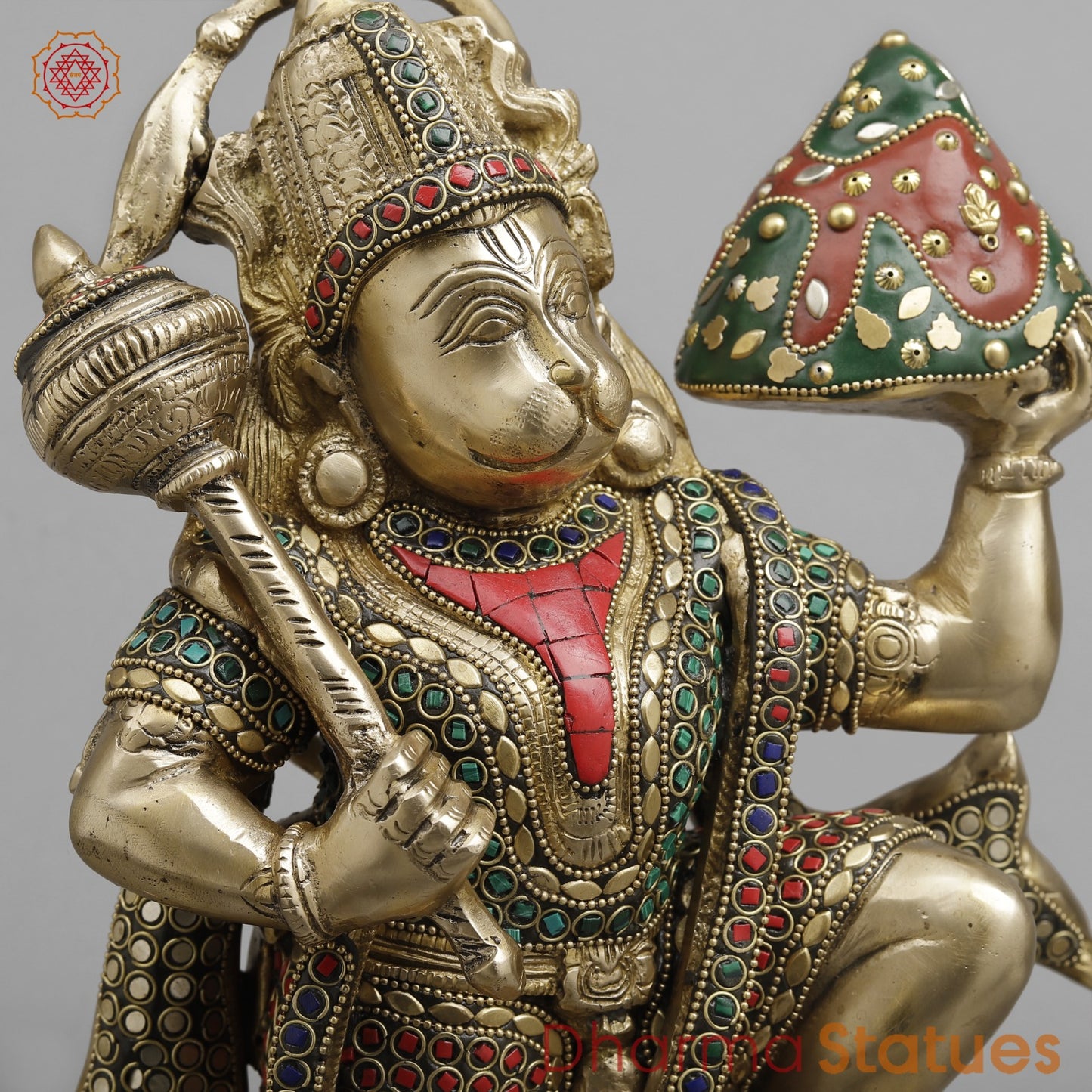 Brass Hanuman ji Standing Lifting mountain, Fine stone Work 15”