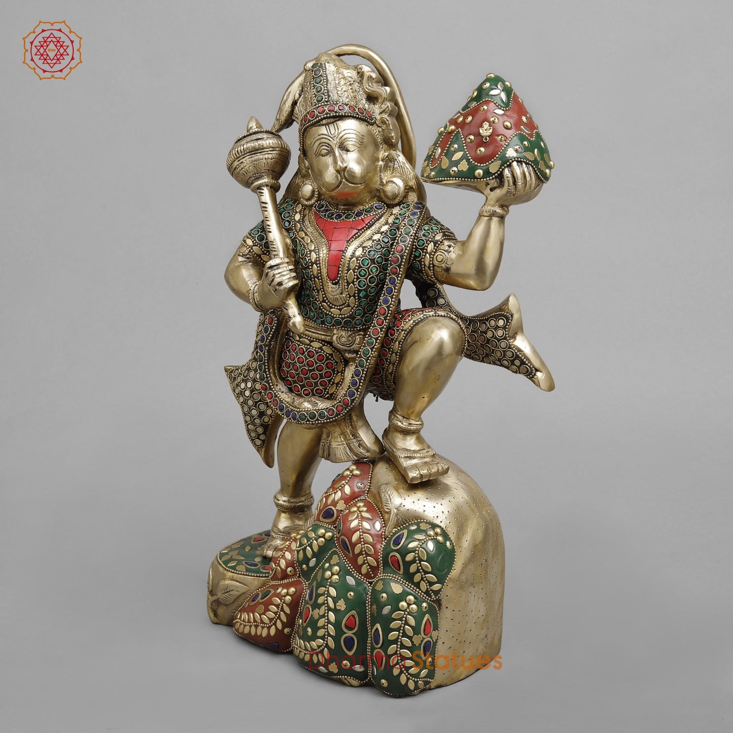 Brass Hanuman ji Standing Lifting mountain, Fine stone Work 15”