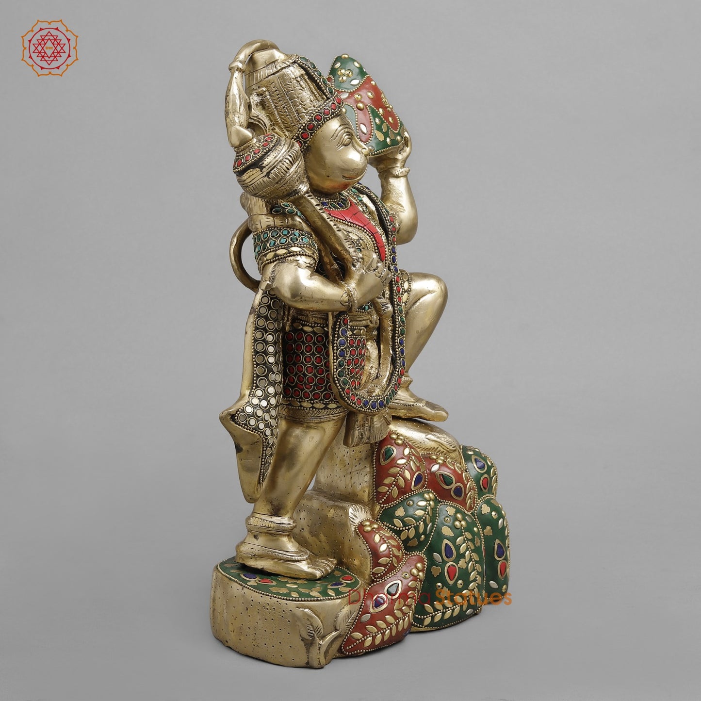 Brass Hanuman ji Standing Lifting mountain, Fine stone Work 15”