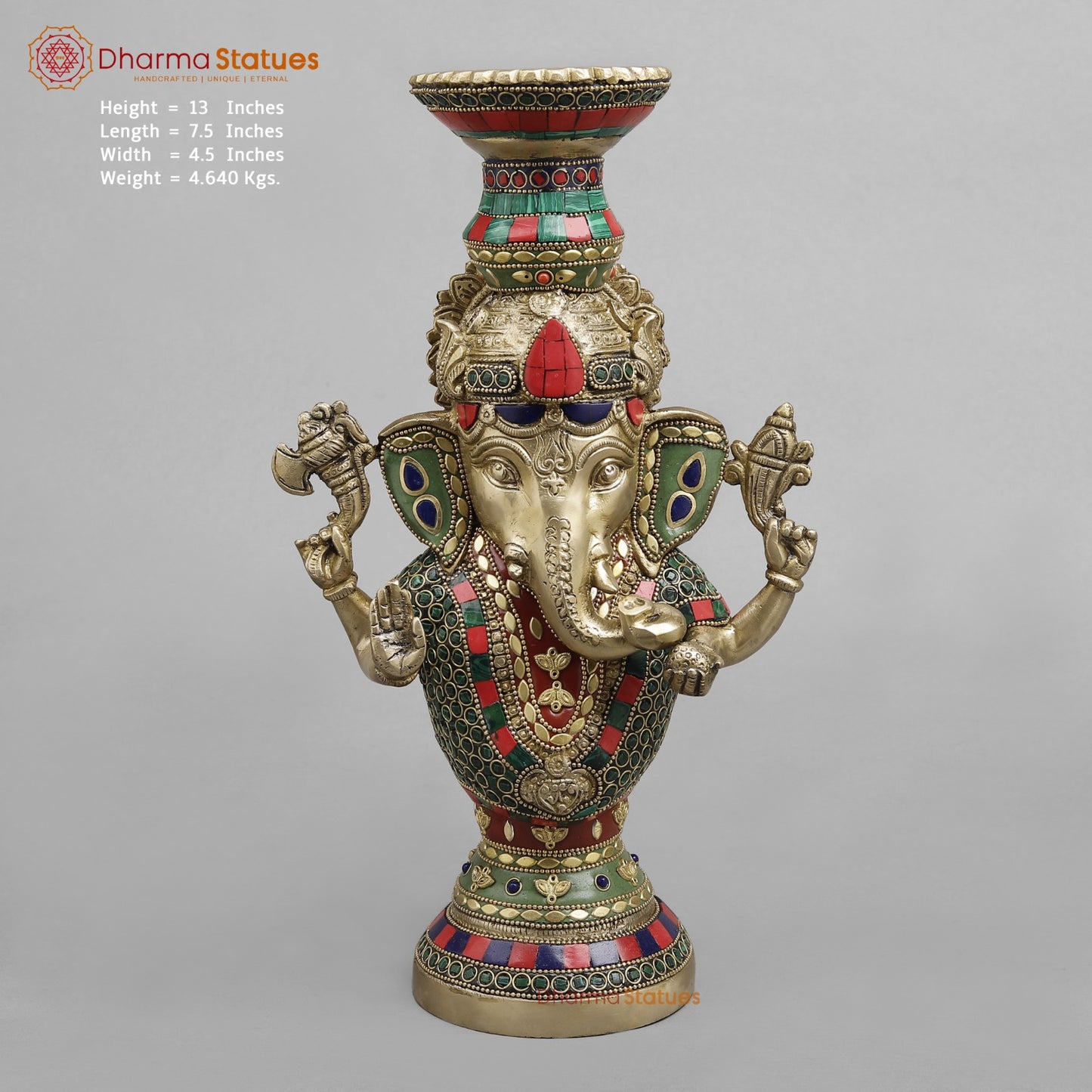 Brass Ganesh Candle Holder, Fine stone work 13”