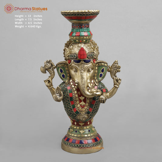 Brass Ganesh Candle Holder, Fine stone work 13”