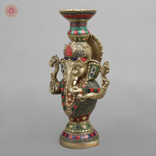 Brass Ganesh Candle Holder, Fine stone work 13”