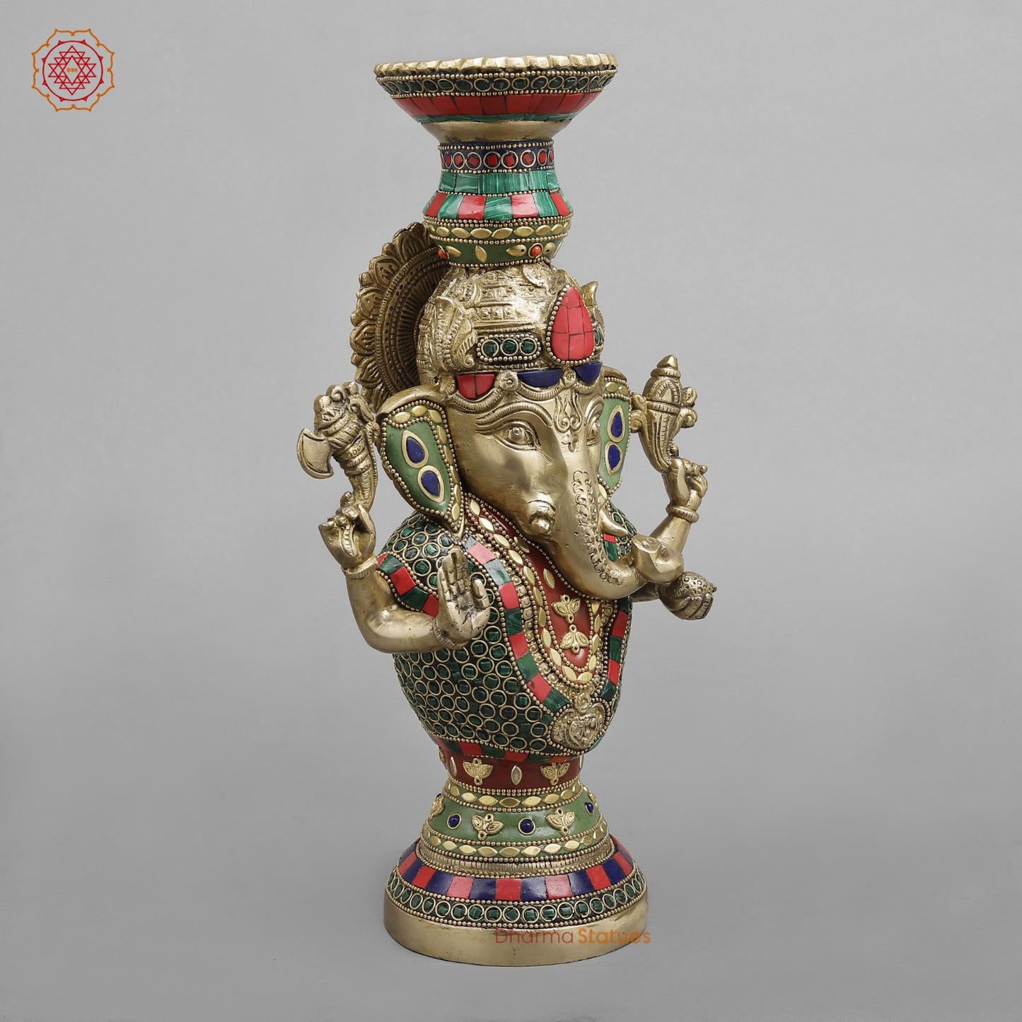 Brass Ganesh Candle Holder, Fine stone work 13”