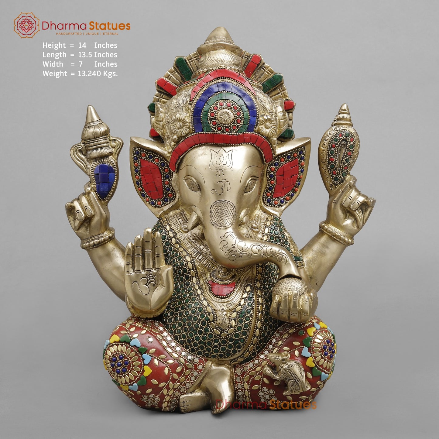 Brass Crown Ganesh, Stone work fine 14”