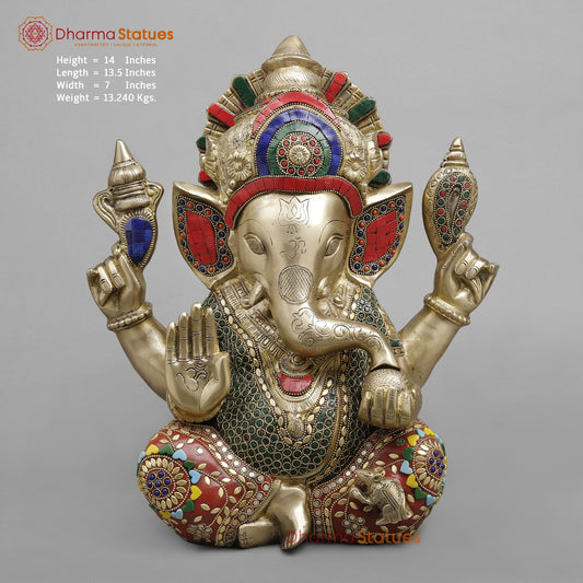 Brass Crown Ganesh, Stone work fine 14”