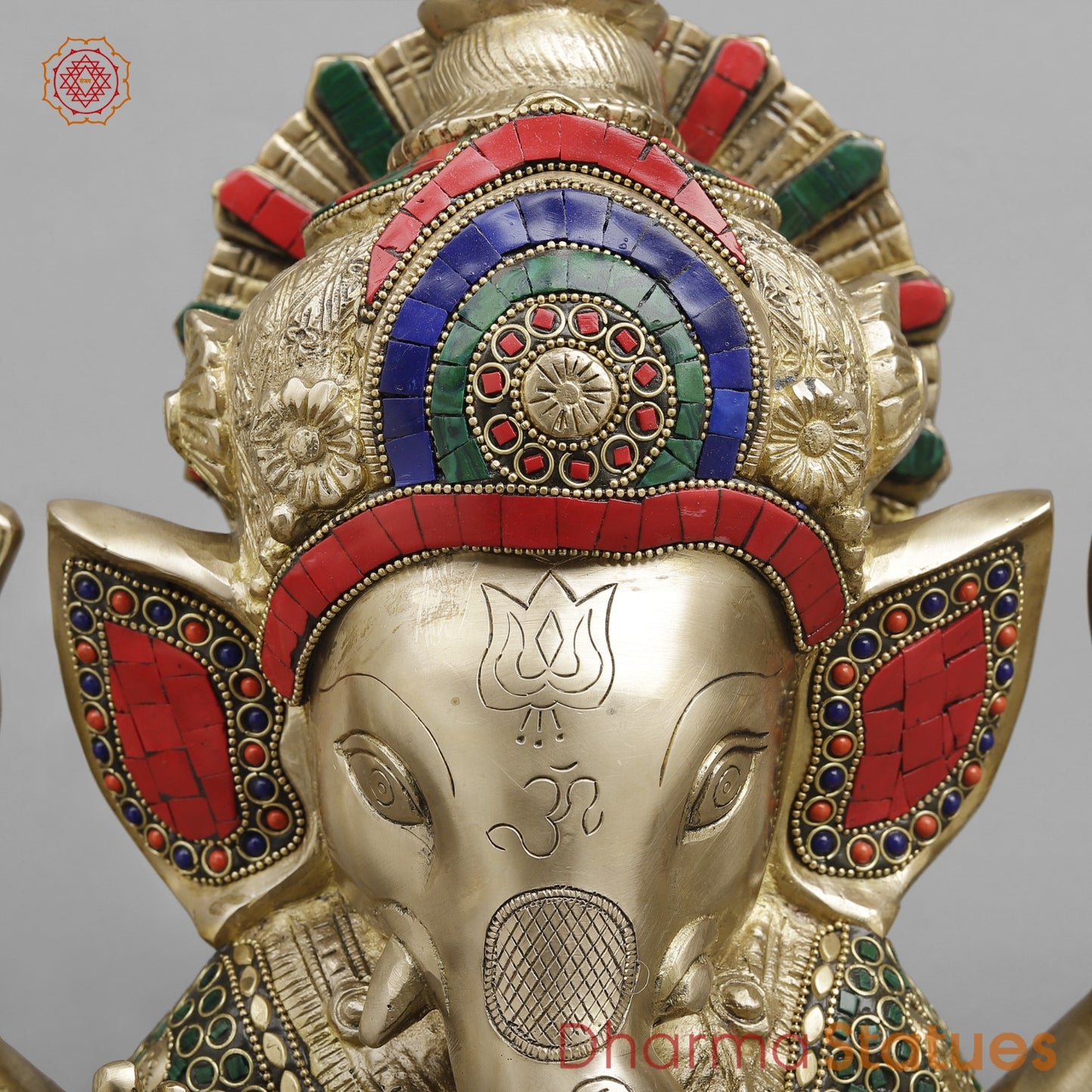 Brass Crown Ganesh, Stone work fine 14”