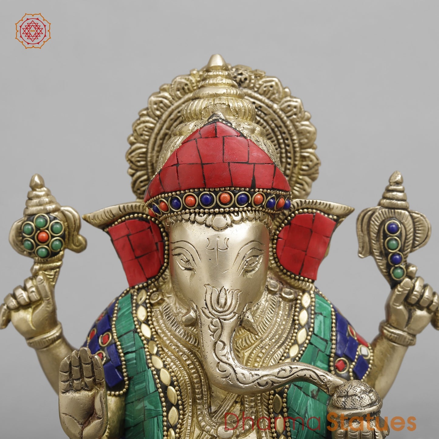Brass Ganesh on chowki seated, Stone Work fine 12”