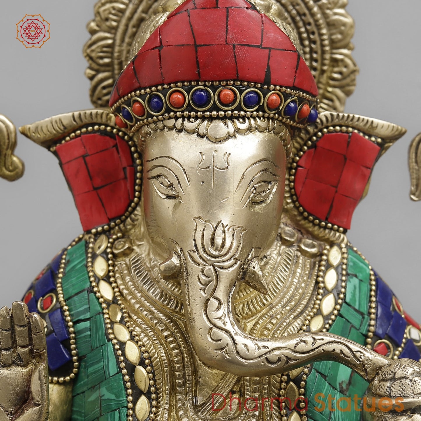 Brass Ganesh on chowki seated, Stone Work fine 12”