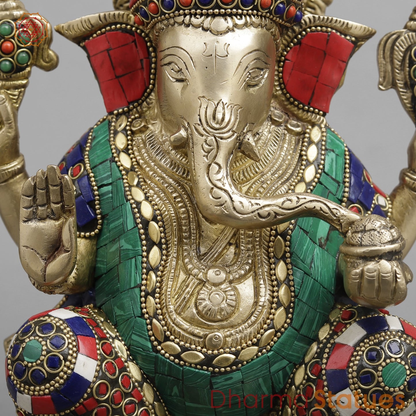 Brass Ganesh on chowki seated, Stone Work fine 12”