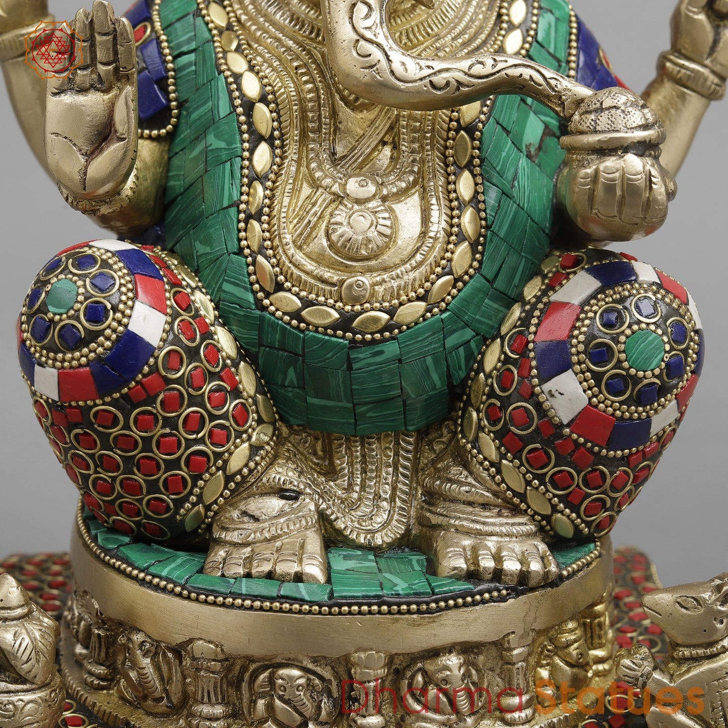Brass Ganesh on chowki seated, Stone Work fine 12”
