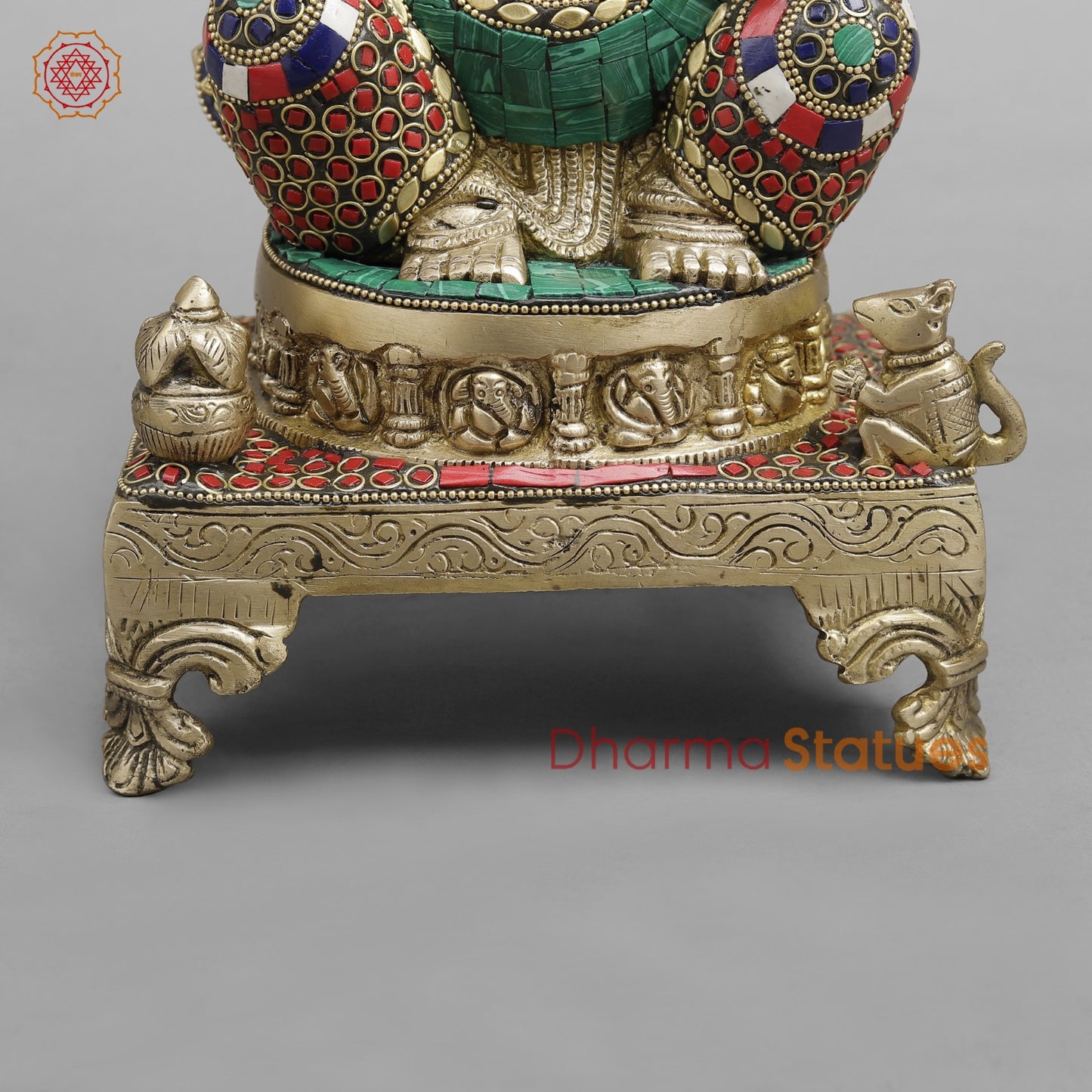 Brass Ganesh on chowki seated, Stone Work fine 12”