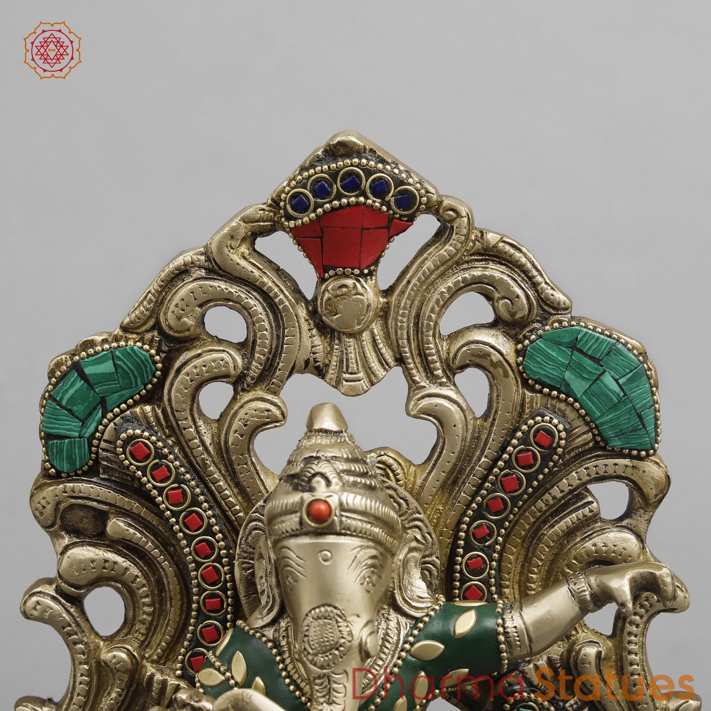 Brass Ganesh Seated On Peacock, Fine Stone work 14”