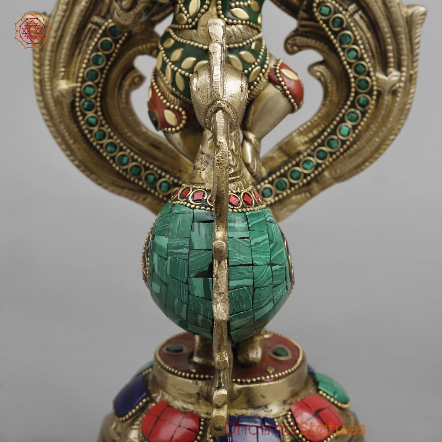 Brass Ganesh Seated On Peacock, Fine Stone work 14”