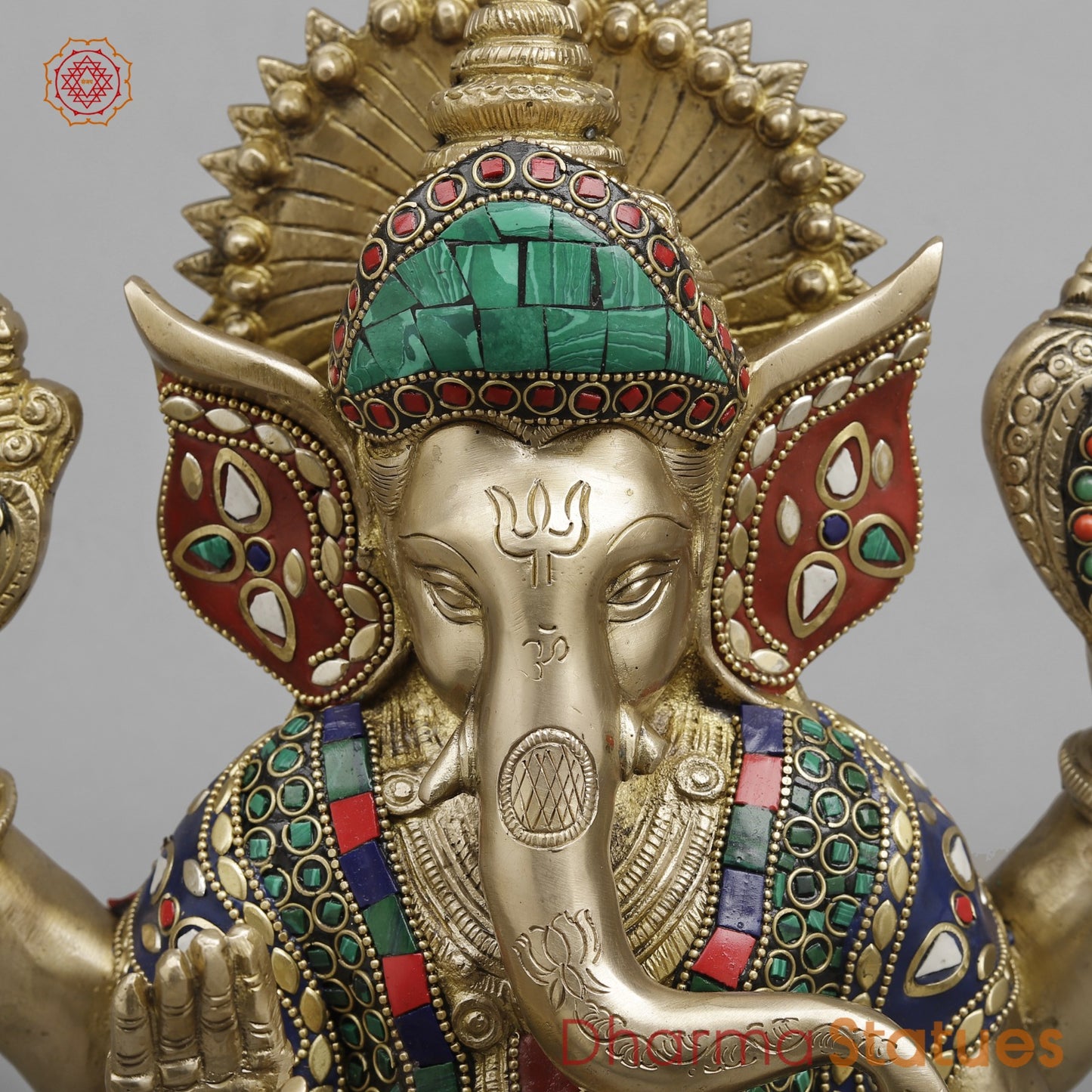 Brass Pooja Ganesh, Fine stone work 12”