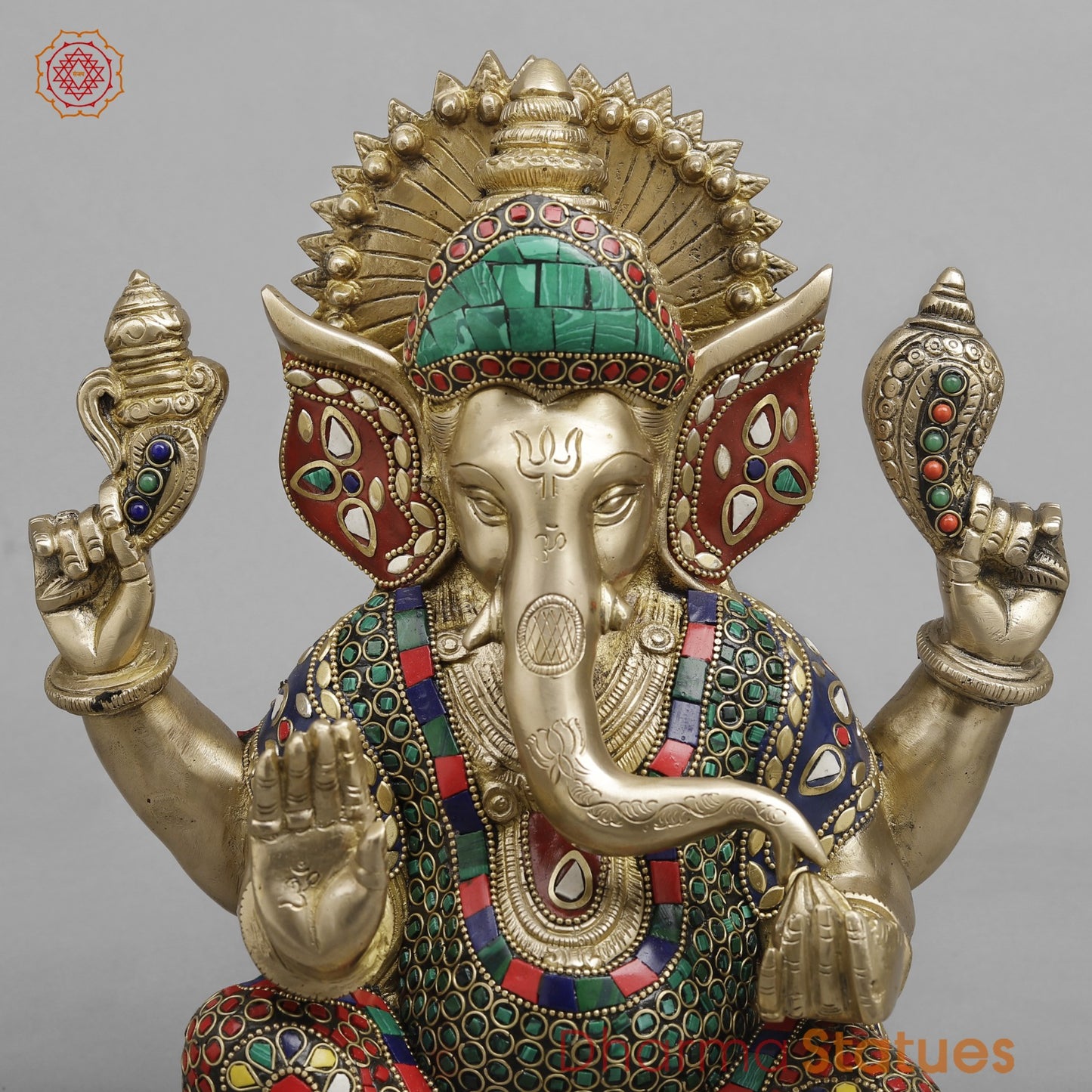 Brass Pooja Ganesh, Fine stone work 12”