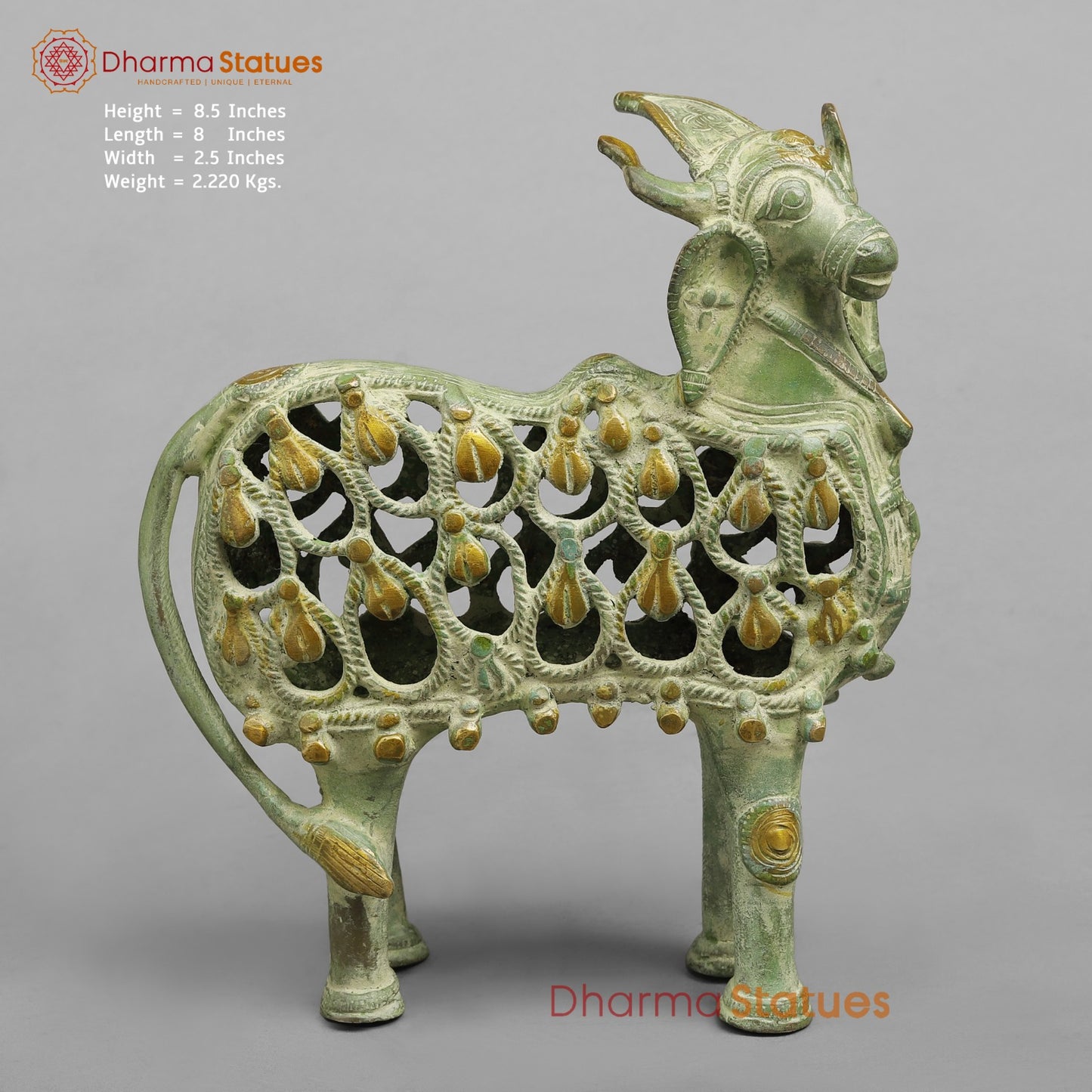 Brass Bastar Design Nandi Standing, Leaf Green Patina 8.5”