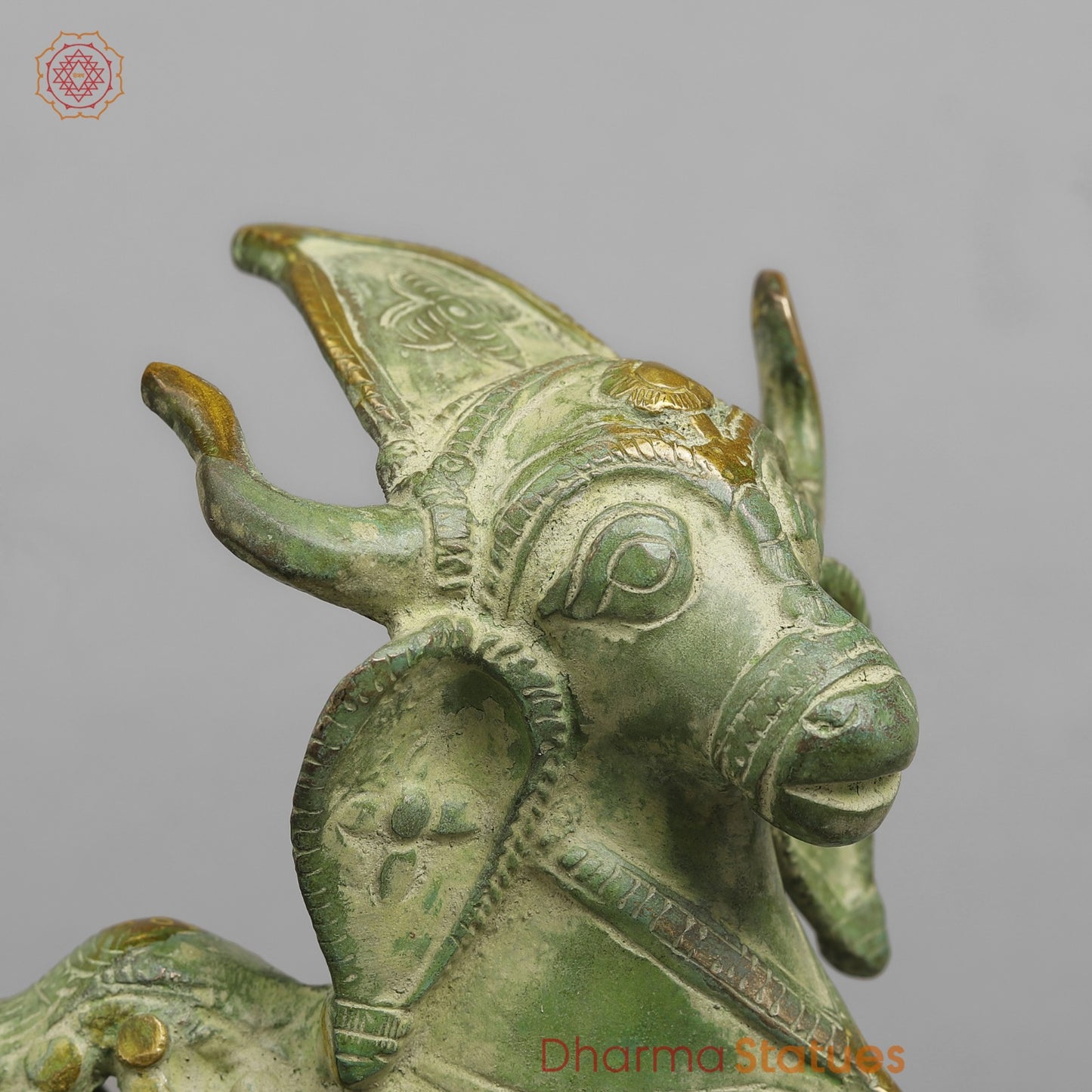 Brass Bastar Design Nandi Standing, Leaf Green Patina 8.5”