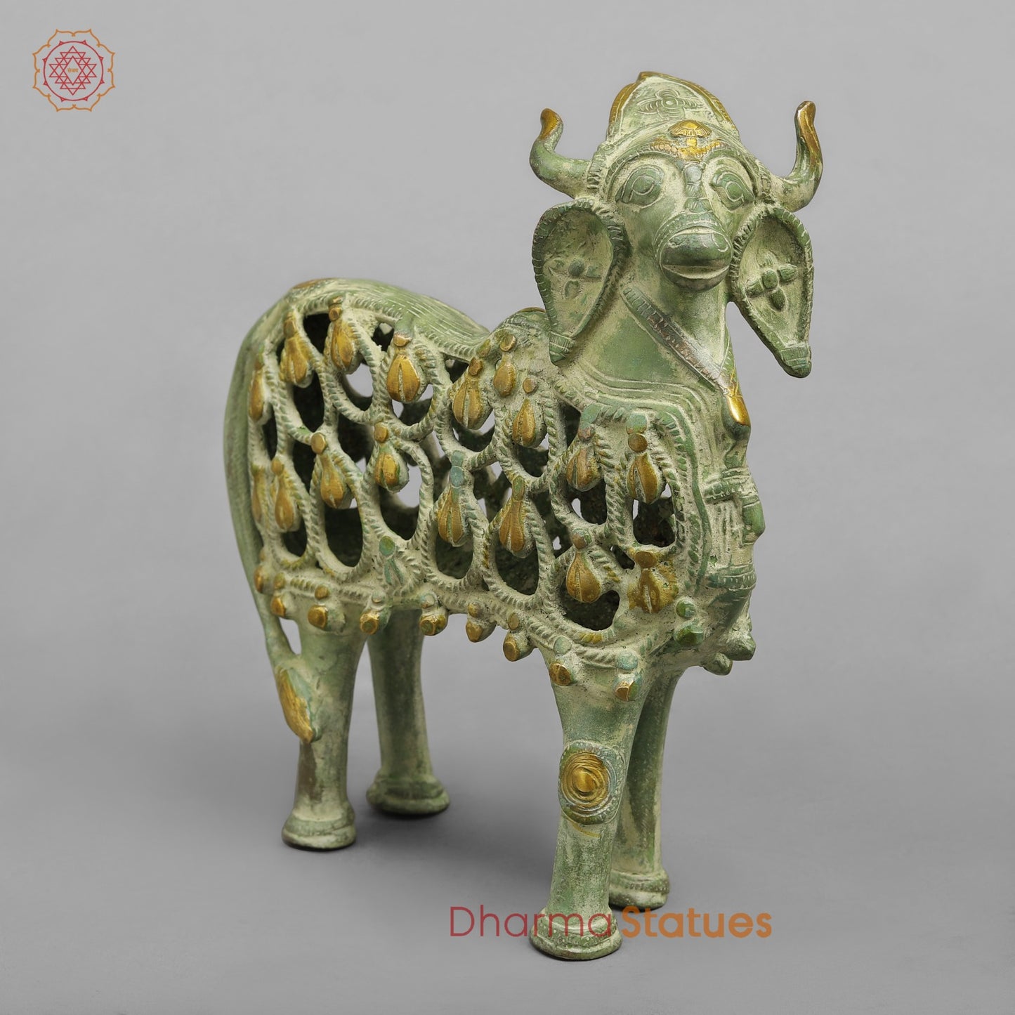Brass Bastar Design Nandi Standing, Leaf Green Patina 8.5”