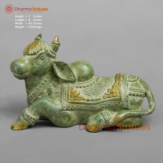 Brass Nandi seated Fine, Leaf Green Patina 8”