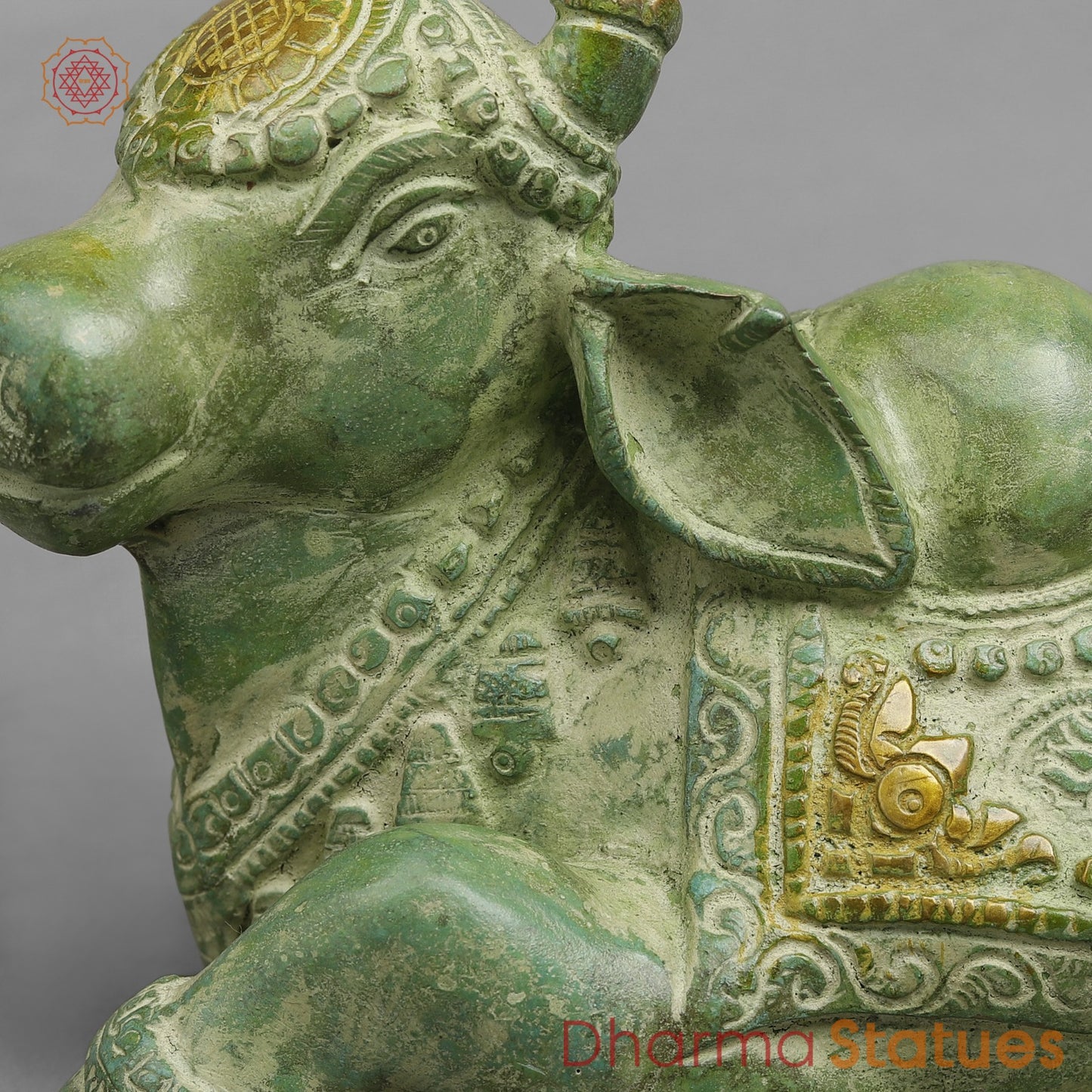 Brass Nandi seated Fine, Leaf Green Patina 8”