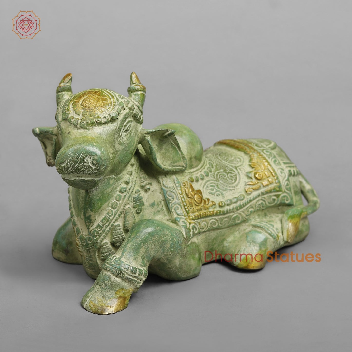 Brass Nandi seated Fine, Leaf Green Patina 8”