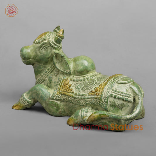 Brass Nandi seated Fine, Leaf Green Patina 8”