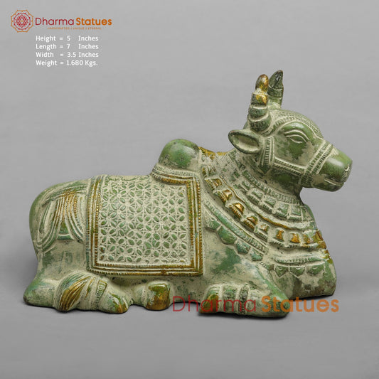 Brass Nandi seated Fine, Leaf Green Patina 7”