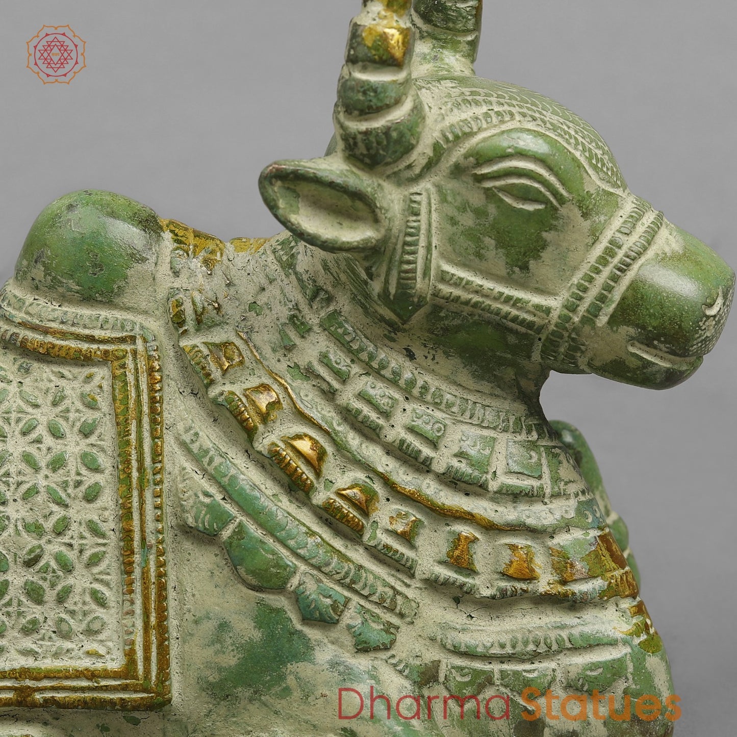 Brass Nandi seated Fine, Leaf Green Patina 7”