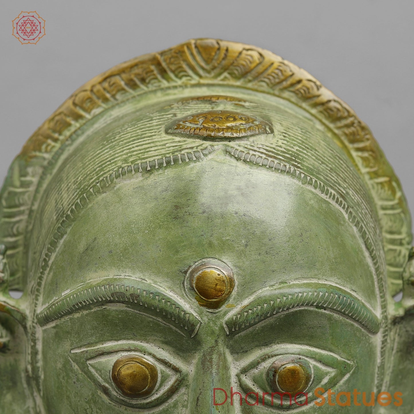 Brass Parwati Head Fine, Leaf Green Patina 7.5”
