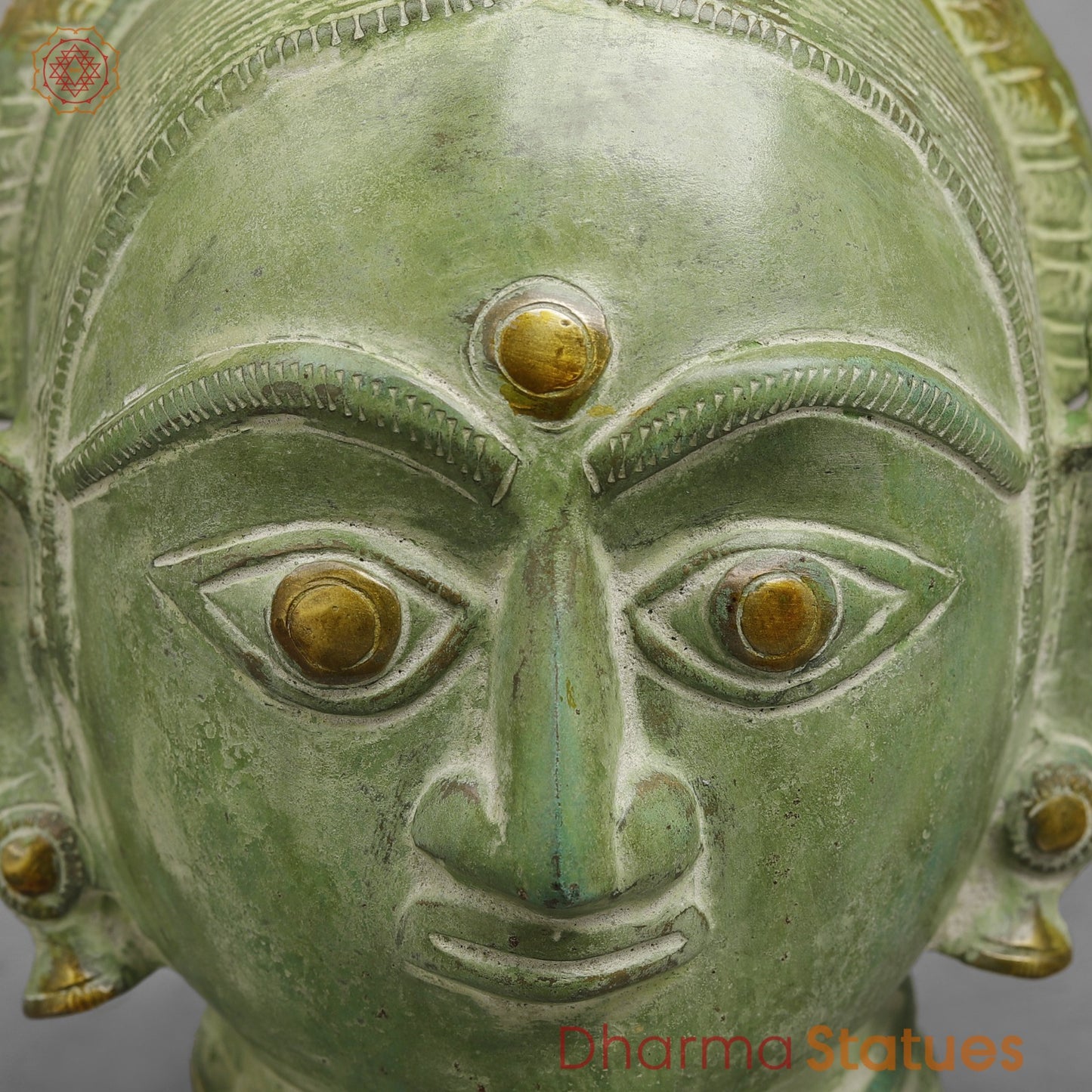 Brass Parwati Head Fine, Leaf Green Patina 7.5”