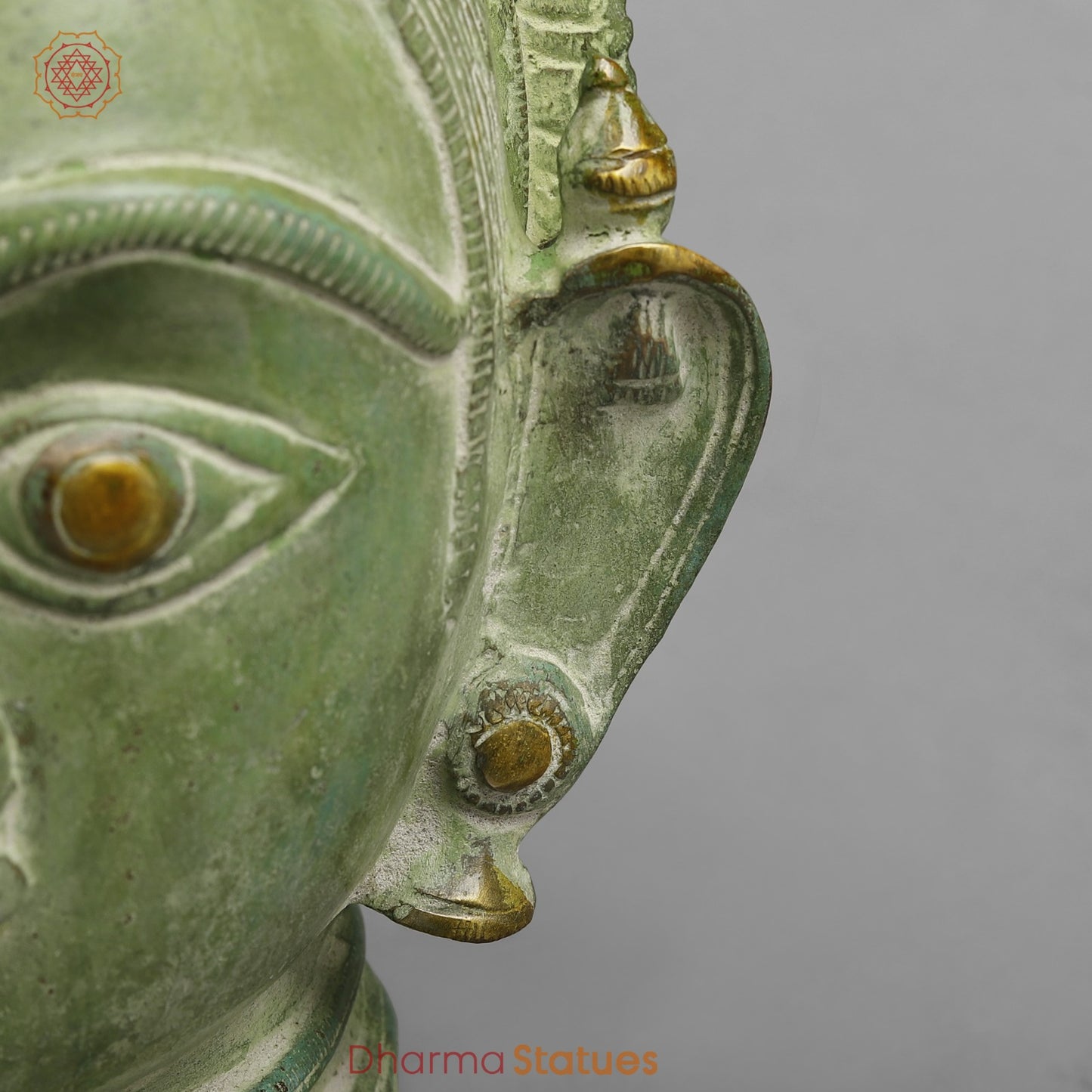 Brass Parwati Head Fine, Leaf Green Patina 7.5”