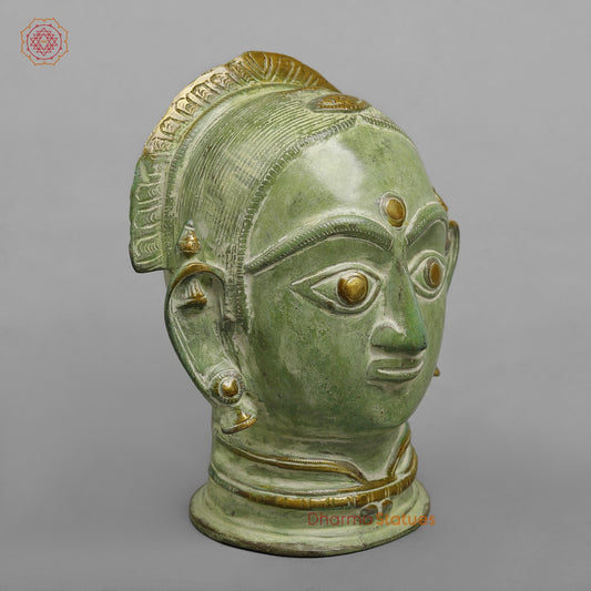 Brass Parwati Head Fine, Leaf Green Patina 7.5”