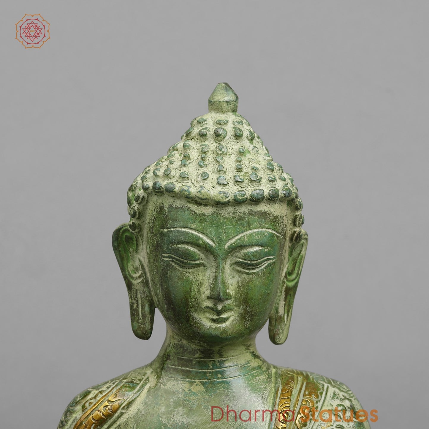 Brass Life Story Buddha, Leaf Green Patina 12”