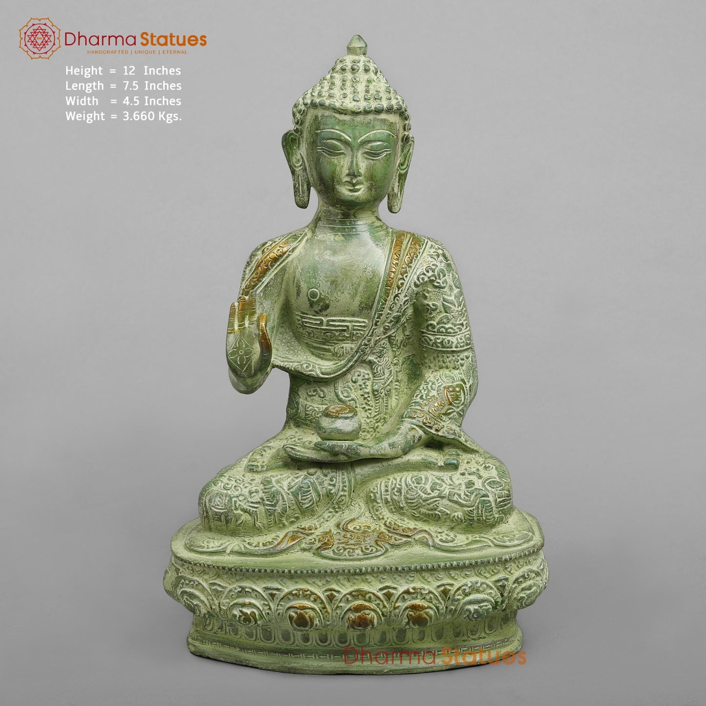 Brass Life Story Buddha, Leaf Green Patina 12”
