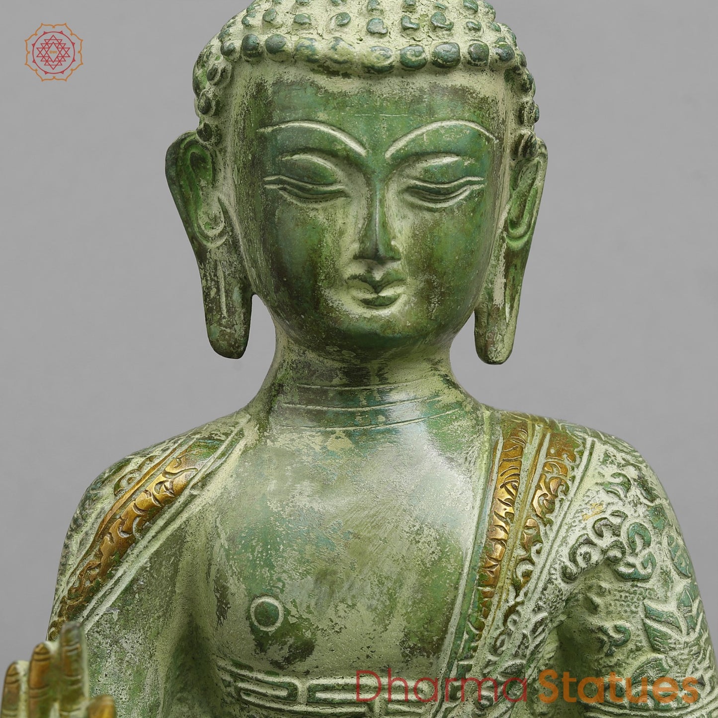 Brass Life Story Buddha, Leaf Green Patina 12”
