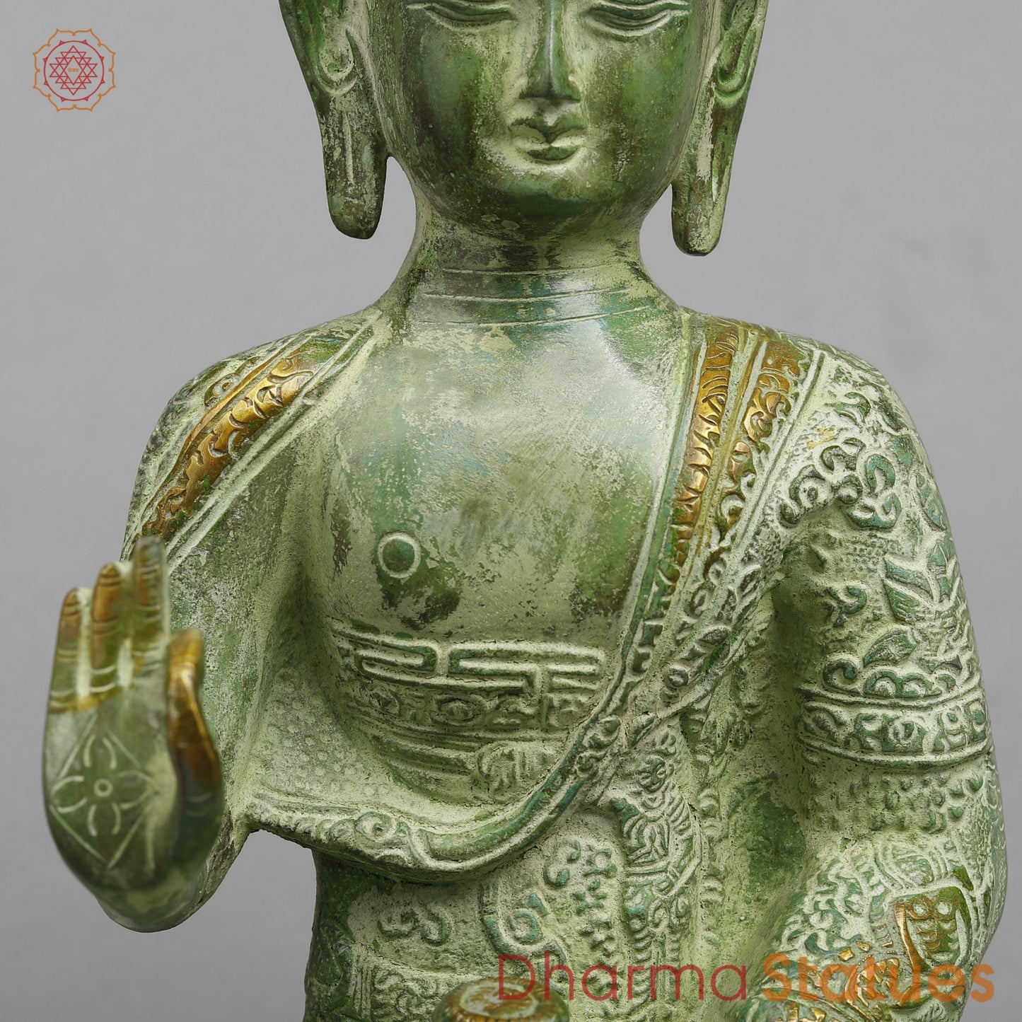 Brass Life Story Buddha, Leaf Green Patina 12”