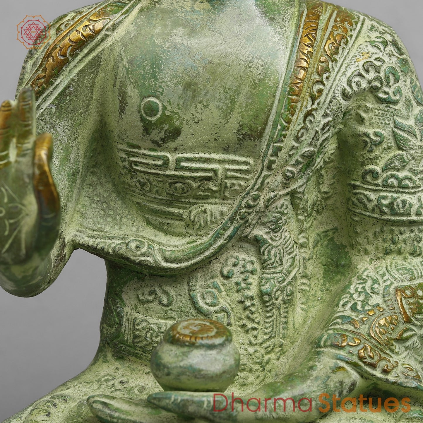 Brass Life Story Buddha, Leaf Green Patina 12”