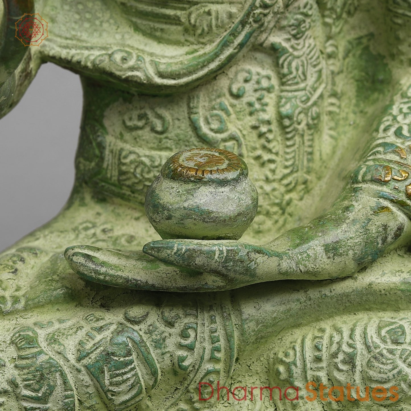Brass Life Story Buddha, Leaf Green Patina 12”
