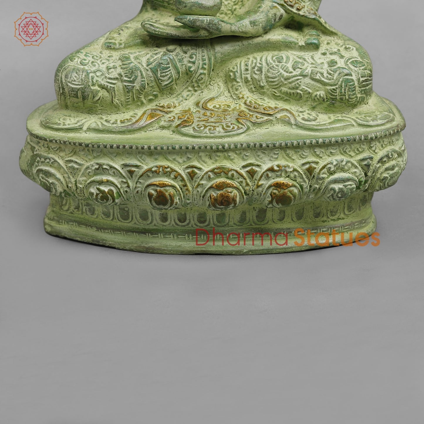 Brass Life Story Buddha, Leaf Green Patina 12”