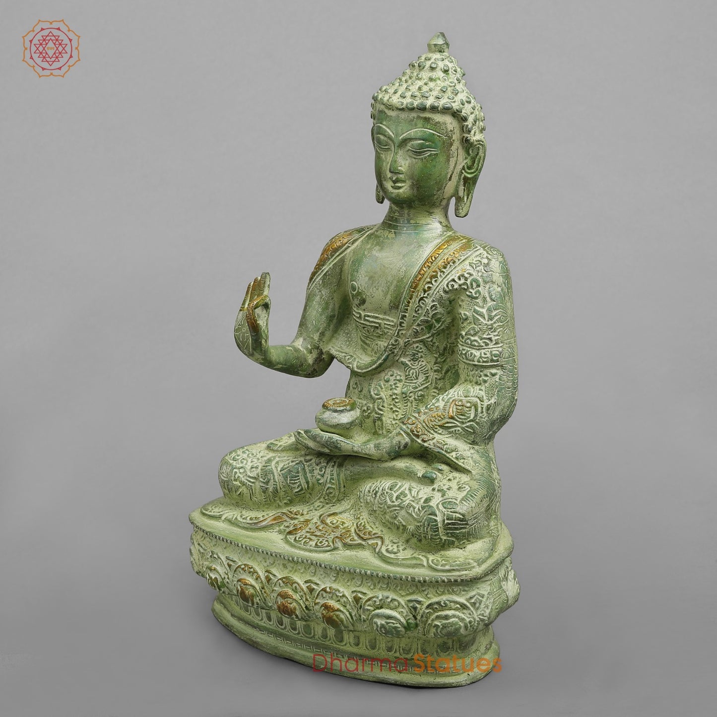 Brass Life Story Buddha, Leaf Green Patina 12”