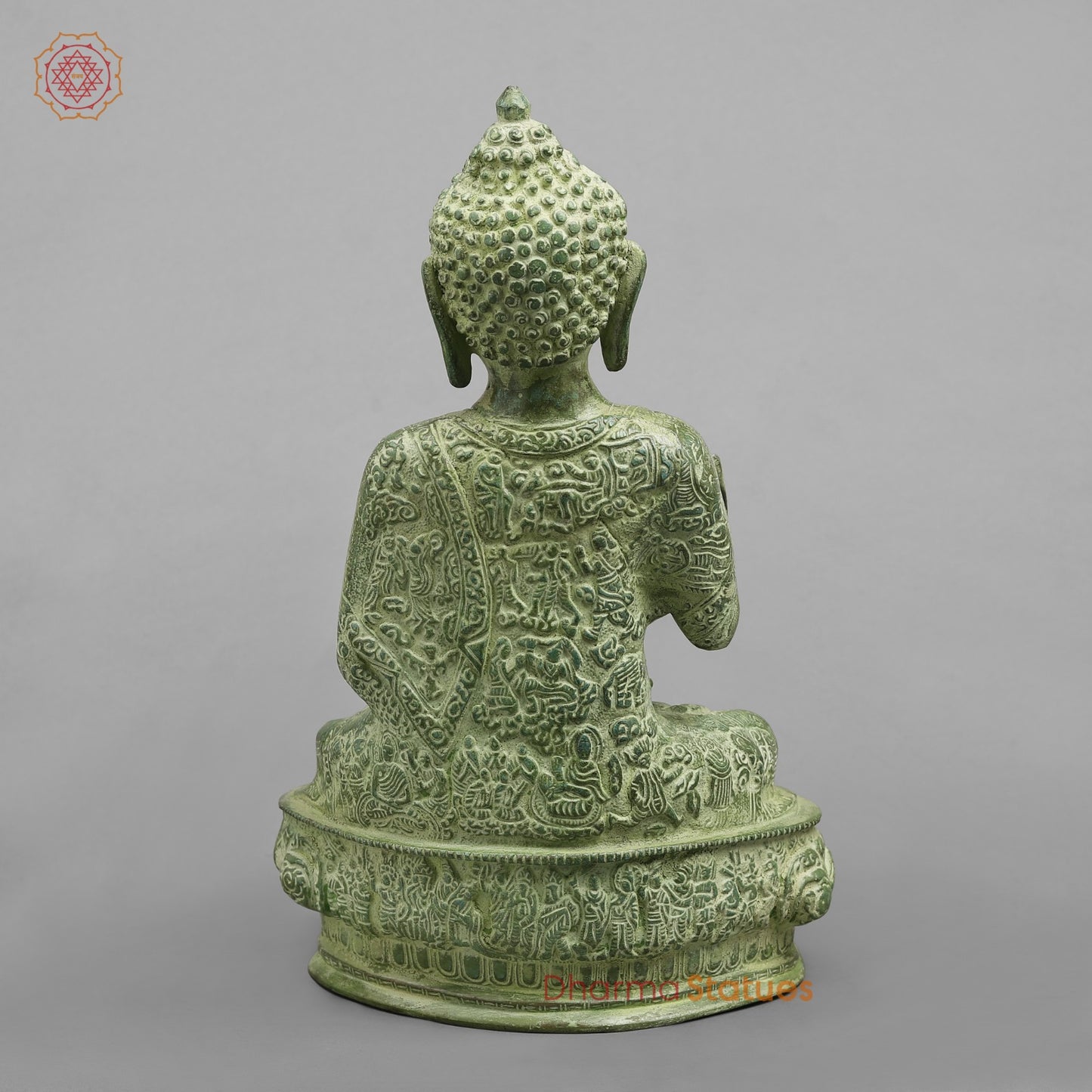 Brass Life Story Buddha, Leaf Green Patina 12”